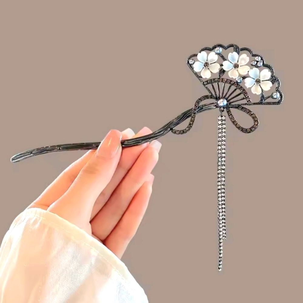 Brand New Titanium Black Fan Flower Rhinestone Pearl Hair Pin